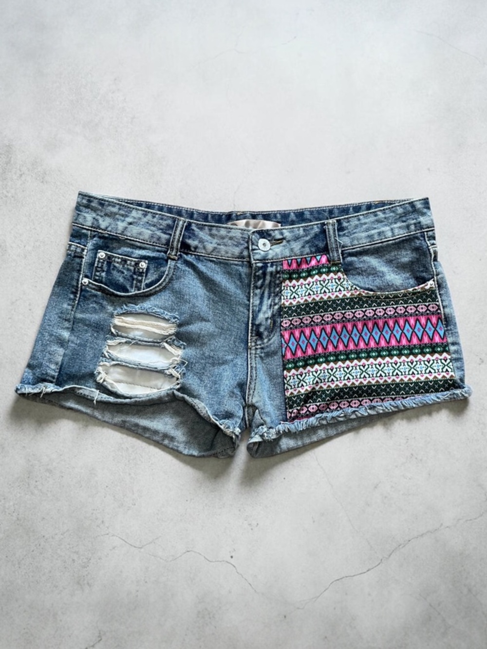 Distressed Denim Shorts with Pink Aztec Side Panel
